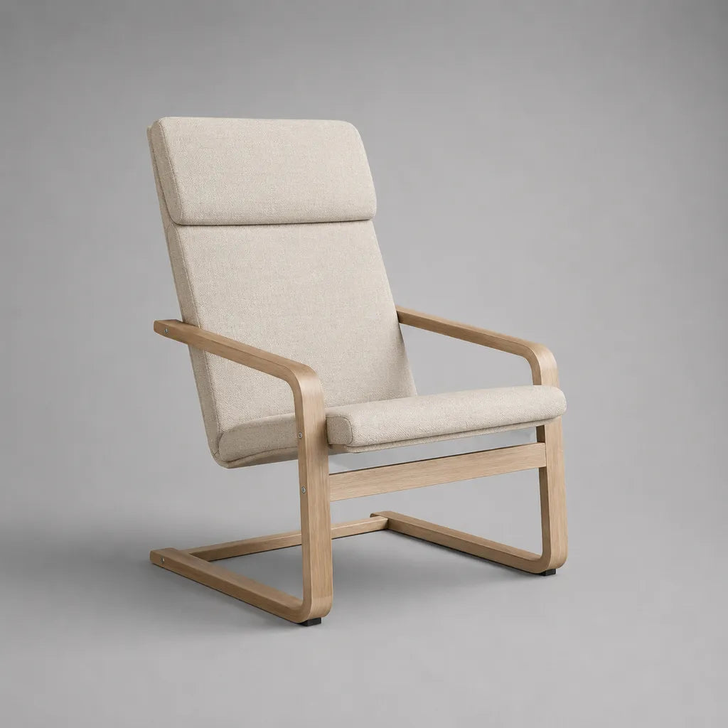Poltrona rilassante in legno con slitta, tessuto beige, 67 × 82 × 100 cm