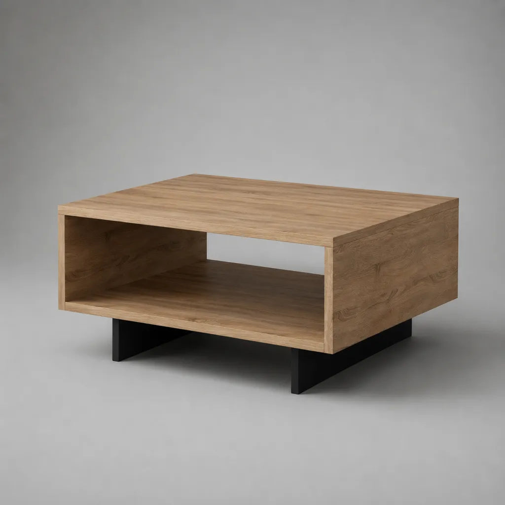 Tavolino quadrato in legno con stoccaggio aperto e piedini in acciaio nero, 80 × 80 × 42 cm, rovere naturale e nero