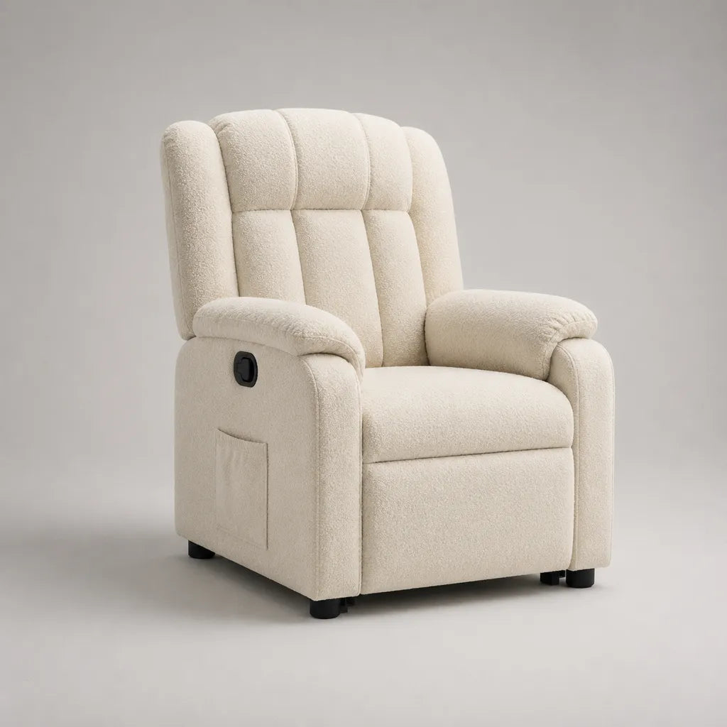 Sedia rilassante manuale in tessuto crema con schienale alto e poggiapiedi, 76 × 88 × 98 cm