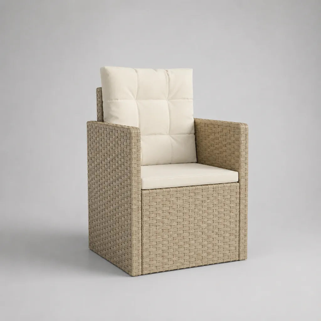 Sedia da giardino con braccioli in resina intrecciati PE beige e cuscini ecru, 58 × 60 × 88 cm