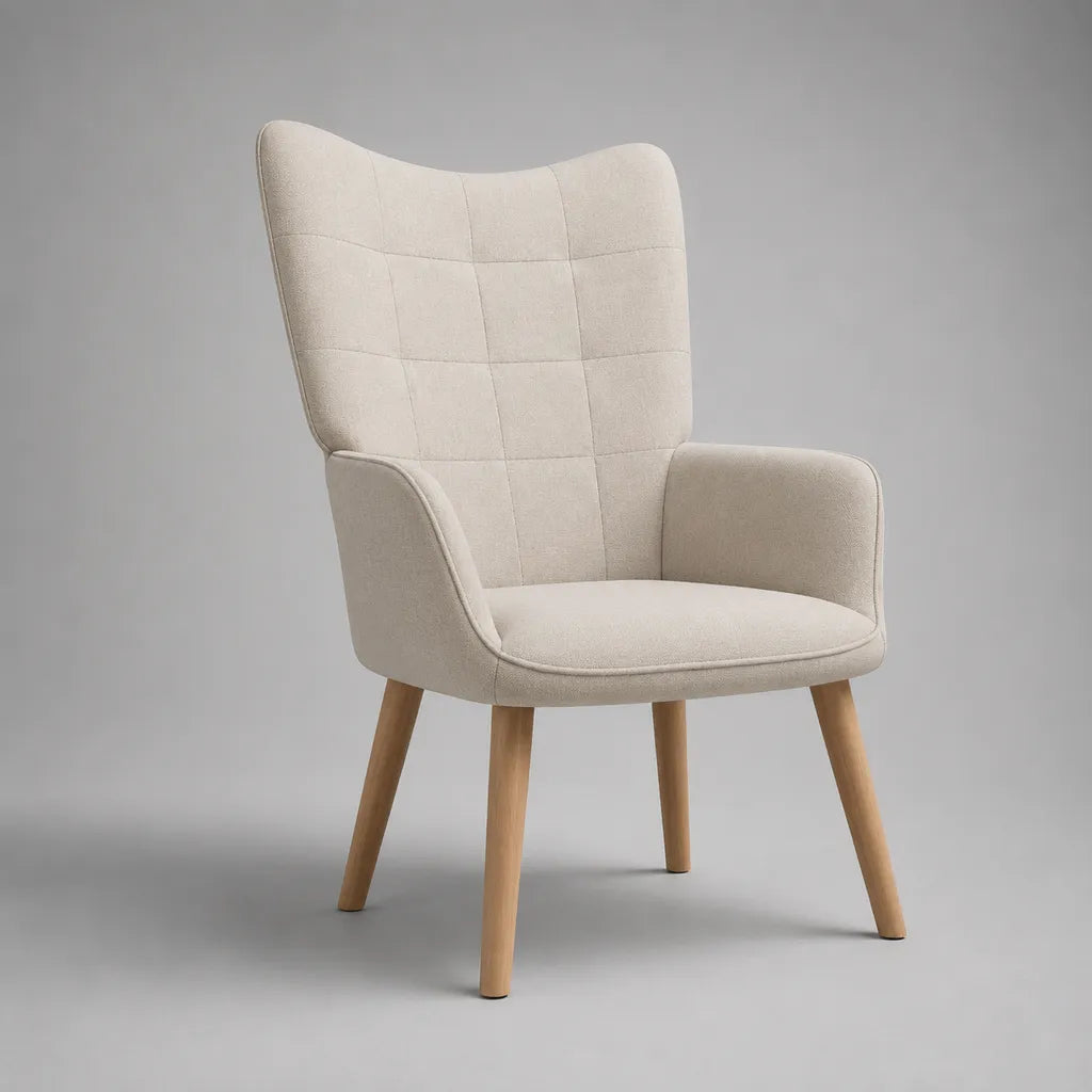 Poltrona in tessuto beige con piedi in legno, 74 × 78 × 104 cm