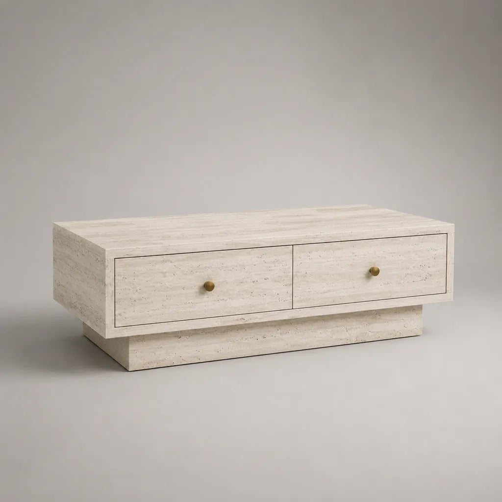 Tavolo basso rettangolare MDF con impiallacciatura in travertino beige, 2 cassetti, 120 × 60 × 40 cm