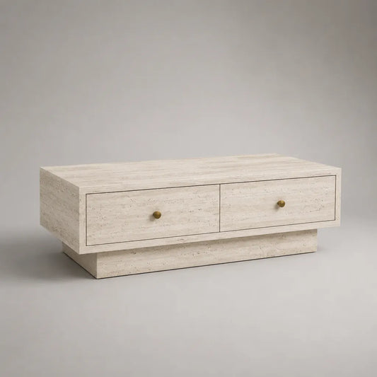 Tavolo basso rettangolare MDF con impiallacciatura in travertino beige, 2 cassetti, 120 × 60 × 40 cm