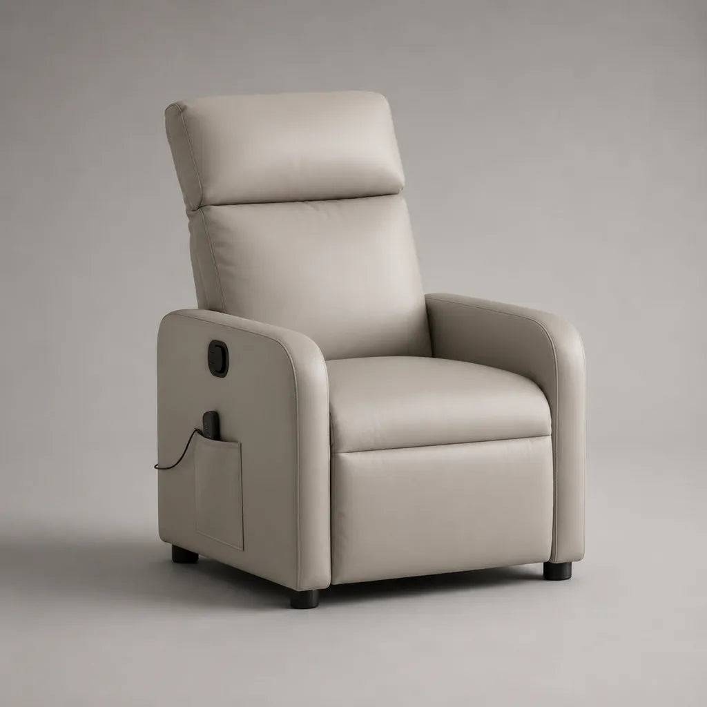 Sedia rilassante elettrica in pelle grigia sintetica con poggiapiedi estraibile, 76 × 90 × 105 cm