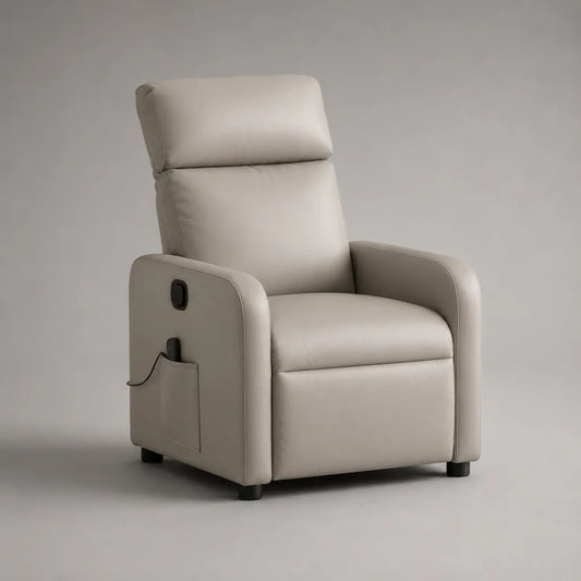 Sedia rilassante elettrica in pelle grigia sintetica con poggiapiedi estraibile, 76 × 90 × 105 cm