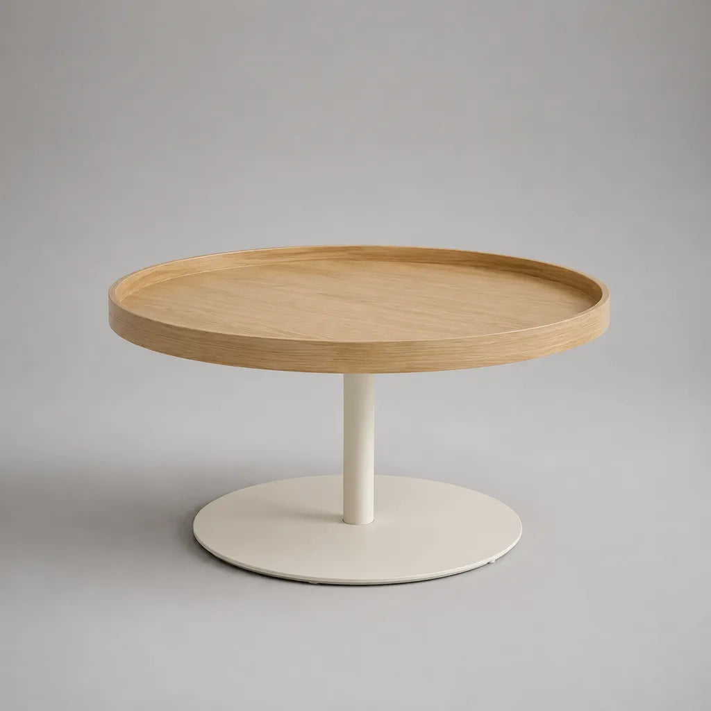 Tavolino rotondo in legno e metallo con bordo vassoio, rovere naturale e bianco rotto, Ø 80 × H 45 cm