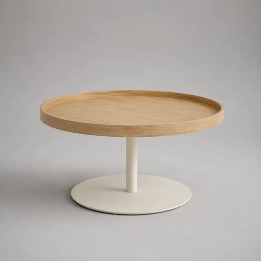 Tavolino rotondo in legno e metallo con bordo vassoio, rovere naturale e bianco rotto, Ø 80 × H 45 cm