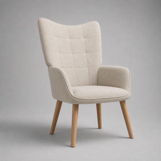 Poltrona in tessuto beige con piedi in legno, 74 × 78 × 104 cm