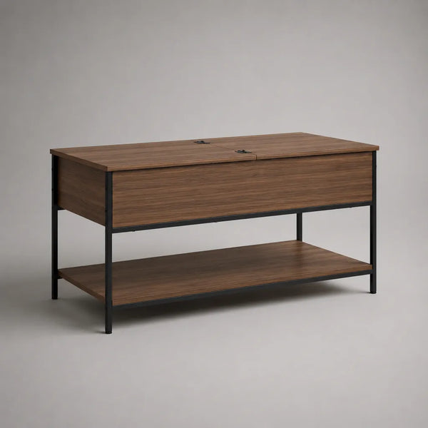 Tavolino rettangolare con doppio coperchio in legno e metallo, noce e nero, 100 × 50 × 60 cm