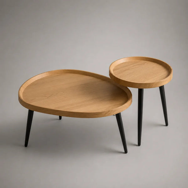 Set di 2 tavolini rotondi in rovere placcato MDF e acciaio nero – Ø 70 × H 40 cm e Ø 45 × H 50 cm – rovere naturale e nero