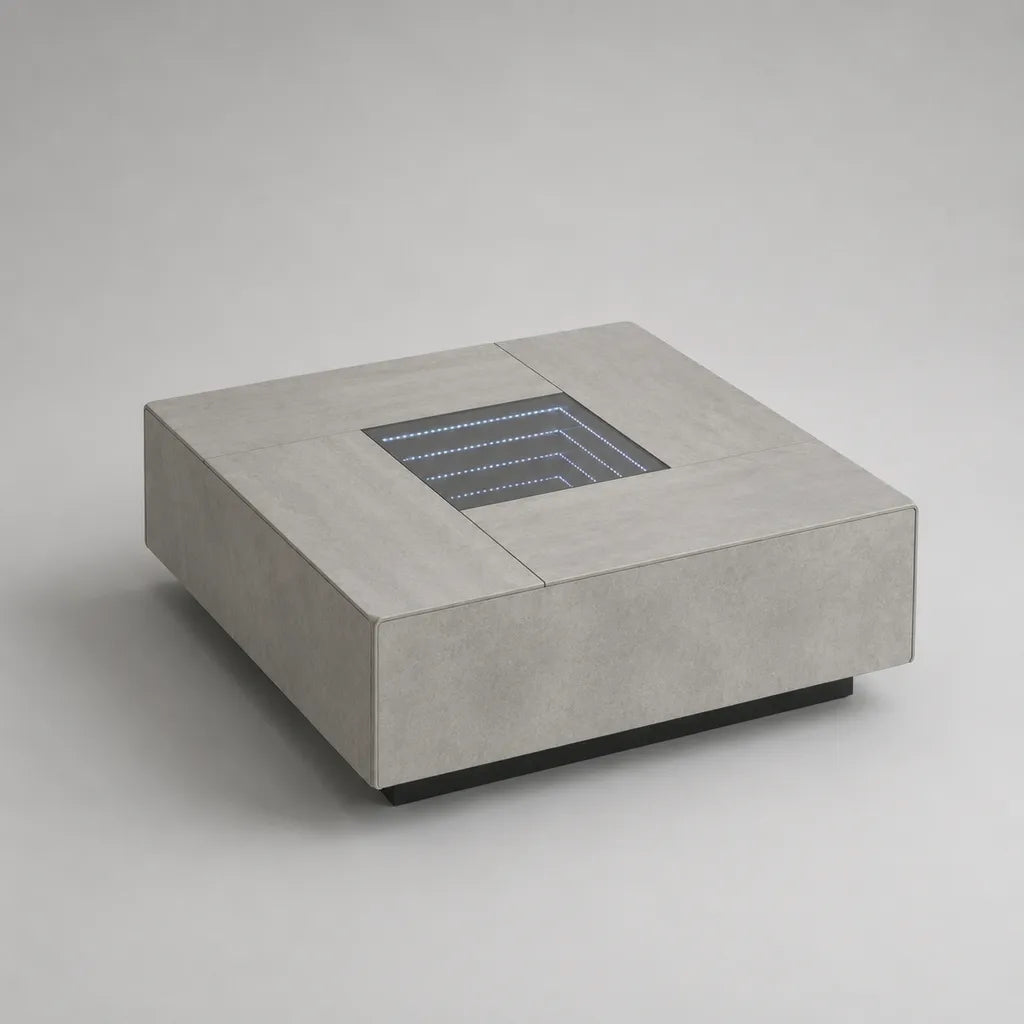 Tavolo basso quadrato con specchio infinito a LED in MDF e vetro temperato, effetto cemento grigio, 100 × 100 × 35 cm