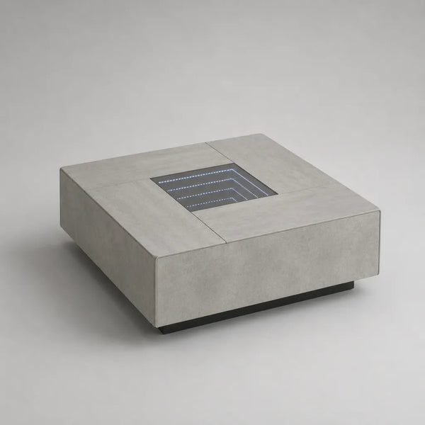 Tavolo basso quadrato con specchio infinito a LED in MDF e vetro temperato, effetto cemento grigio, 100 × 100 × 35 cm