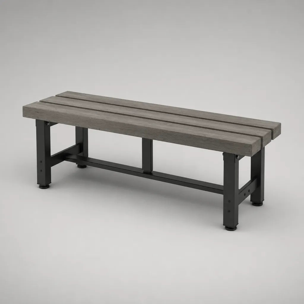 Panca da giardino rettangolare senza schienale 2 sedili in WPC grigio e acciaio nero, 120 × 35 × 45 cm