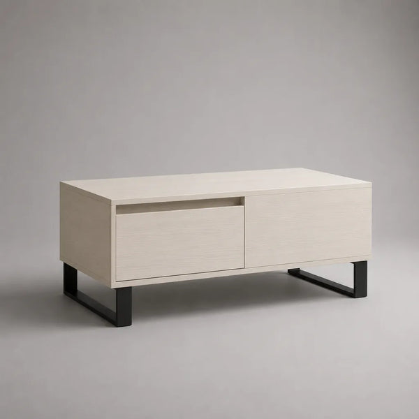 Tavolo rettangolare MDF in melamina e acciaio con cassetto e contenitore, rovere bianco rotto e effetto nero, 100 × 50 × 45 cm