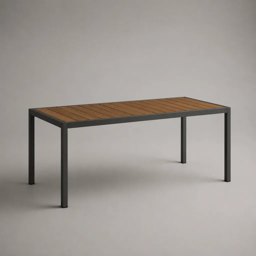 Tavolo da giardino rettangolare a 6 posti in legno massello e acciaio, marrone e antracite, 150 × 90 × 74 cm