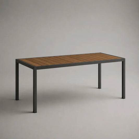 Tavolo da giardino rettangolare a 6 posti in legno massello e acciaio, marrone e antracite, 150 × 90 × 74 cm