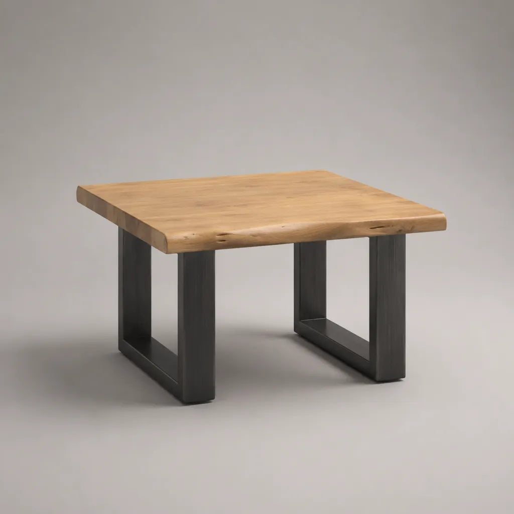 Tavolo quadrato in legno massello e acciaio, 80 × 80 × 45 cm, legno naturale e nero