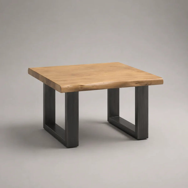 Tavolo quadrato in legno massello e acciaio, 80 × 80 × 45 cm, legno naturale e nero