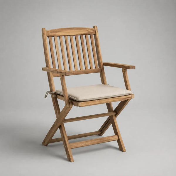 Sedia pieghevole da giardino con braccioli in acacia e cuscino beige, 57 × 63 × 89 cm
